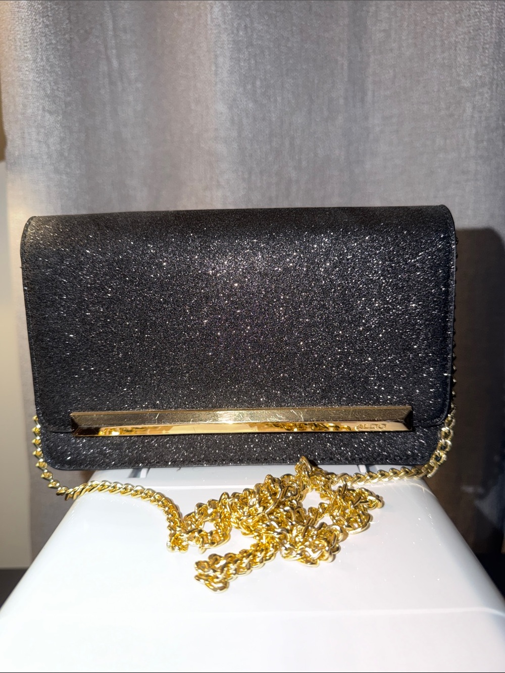 Aldo Black Glitter Clutch with Gold Chain